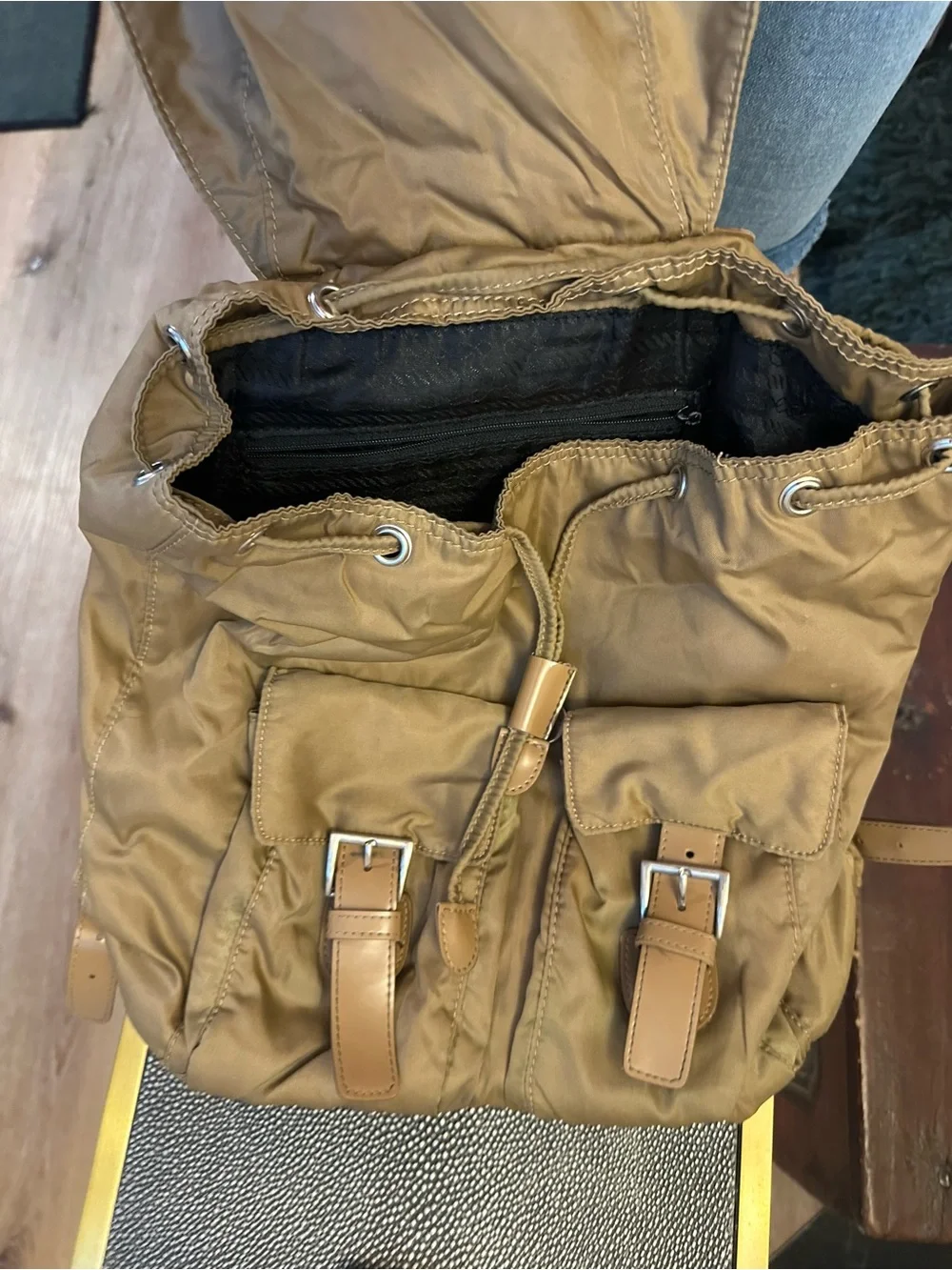 Prada Tan Nylon Drawstring Backpack with Leather Trim